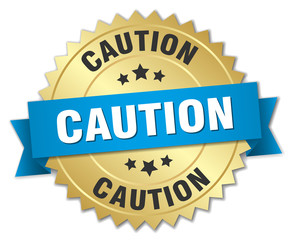 caution 3d gold badge with blue ribbon