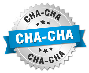 cha-cha 3d silver badge with blue ribbon