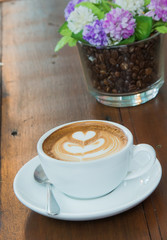 Coffee latte and coffee beans.
