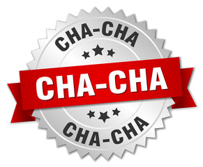 cha-cha 3d silver badge with red ribbon