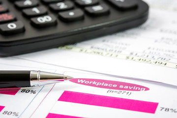 Black pen with financial report and calculator  