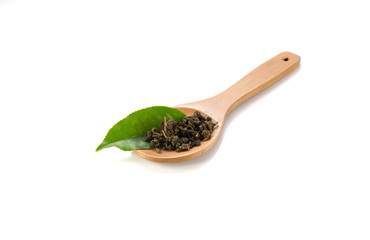 Fresh tea leaves, dried tea, wooden spoon on white background.