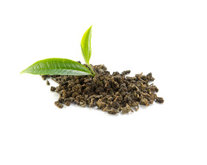 Fresh tea leaves, dried tea on white background.