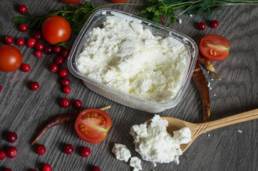 cottage cheese on a dark wooden background