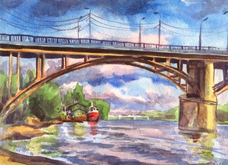 Watercolor painting. The bridge over the river with the ships