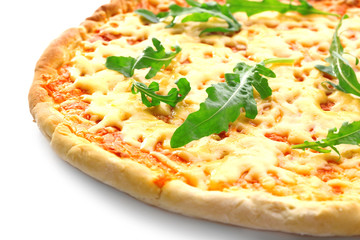 Cheese pizza with arugula close up