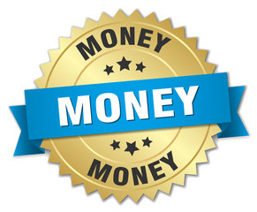 money 3d gold badge with blue ribbon
