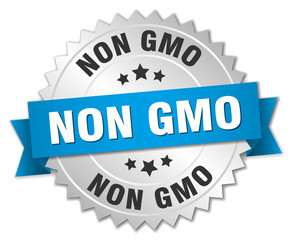 non gmo 3d silver badge with blue ribbon