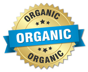 organic 3d gold badge with blue ribbon