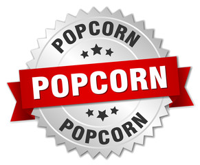 popcorn 3d silver badge with red ribbon