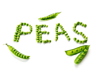 Word Peas made of green fresh peas isolated on white