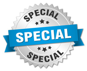 special 3d silver badge with blue ribbon