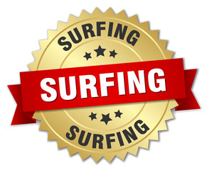 surfing 3d gold badge with red ribbon