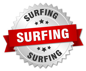 surfing 3d silver badge with red ribbon