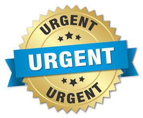 urgent 3d gold badge with blue ribbon