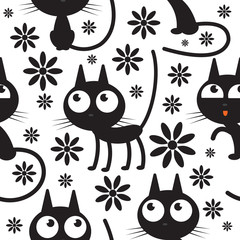 Vector seamless pattern with cute cartoon black cats and flowers on a white background.