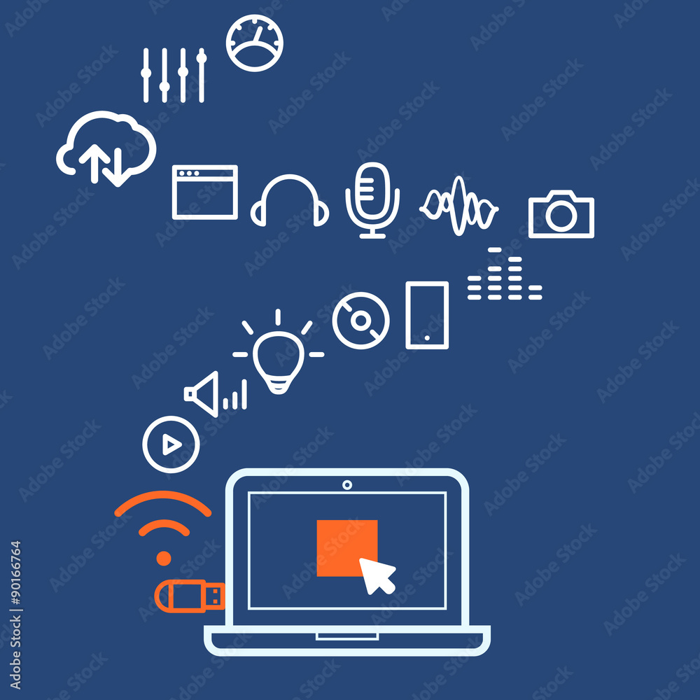 Poster Modern computer media illustration with different icons. Design