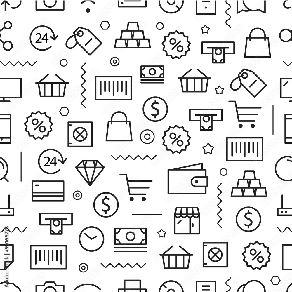 Poster Different line style icons seamless pattern. Shopping