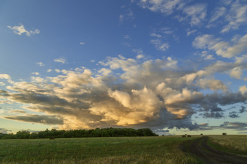 Fototapeta na wymiar clouds over the meadow hay.