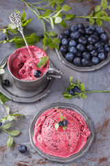 Ice cream with blueberries in a vintage metal ware