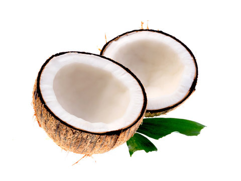 Coconuts with leaves on a white background