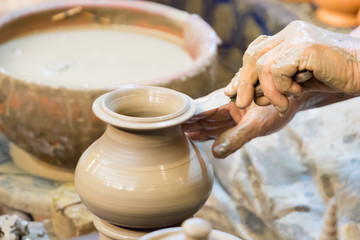 Hand making pottery on wheel ,Thai pottery style handmade