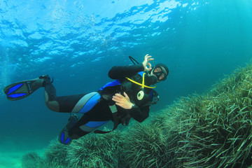 Naklejka na ściany i meble Scuba diver diving underwater