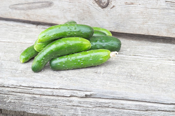 The small group of fresh natural cucumbers on wooden texture
