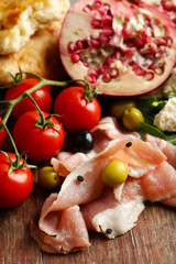 Ingredients of Mediterranean cuisine, on wooden board background