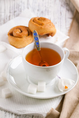 cup of tea and cinnamon buns