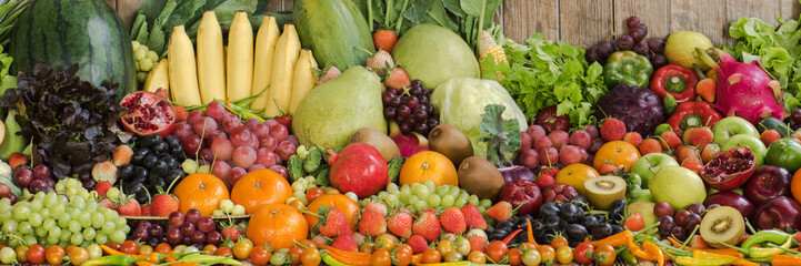 Large group of vegetables and tropical fruits for healthy