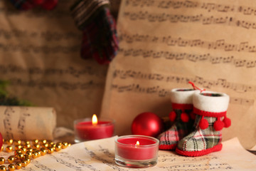 Music notes with Christmas decoration close up