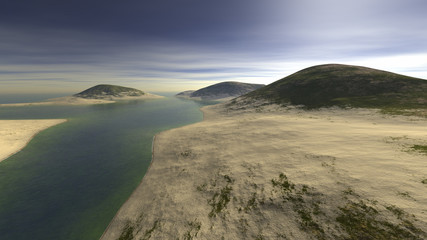 three hills strewn with sand and surrounded by water and clouds