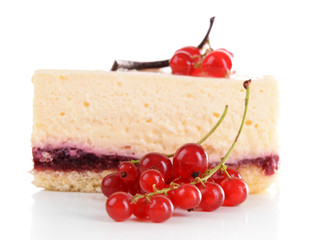 Tasty piece of cheesecake with berries isolated on white
