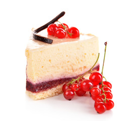 Tasty piece of cheesecake with berries isolated on white