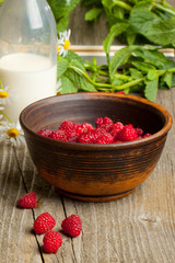 Fresh ripe raspberries and milk