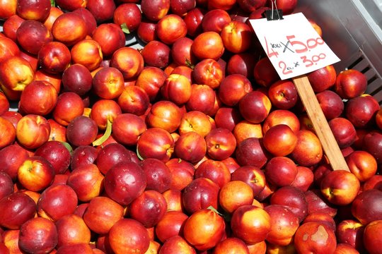 Peach nectarines for sale at vegetable market with price