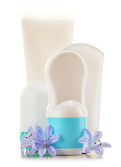 Composition with containers of body care and beauty products