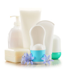 Composition with containers of body care and beauty products