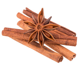 cinnamon stick and star anise spice isolated on white background
