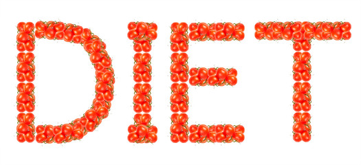 the word diet of tomatoes isolated on white background