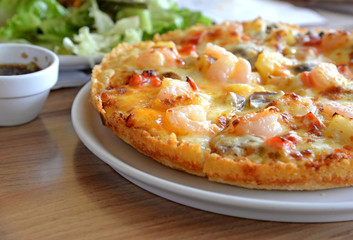 Freshly baked pizza with salad