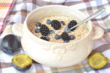 Bowl of fine oat flakes with fresh fruit