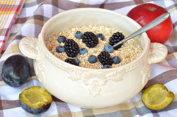 Bowl of fine oat flakes with fresh fruit