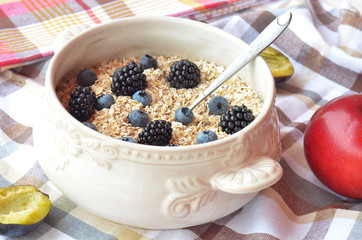 Bowl of fine oat flakes with fresh fruit
