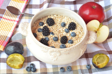 Bowl of fine oat flakes with fresh fruit