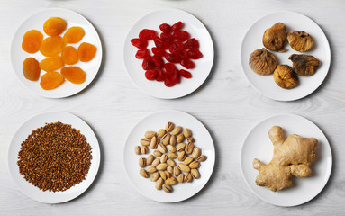 Set of different products on wooden background