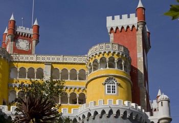 Close up of Pena Castle in Sintra, Portugal, with its vivid colours of Moorish style