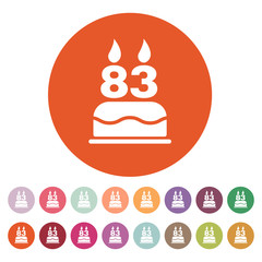 The birthday cake with candles in the form of number 83 icon. Birthday symbol. Flat