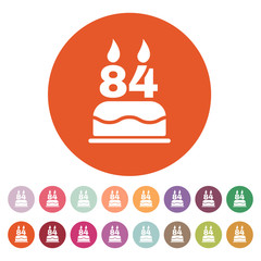 The birthday cake with candles in the form of number 84 icon. Birthday symbol. Flat